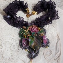 Haute-Couture Flower Poetry Pendant embroidered with porcelain flowers, antique purple lace, crystals, seed beads with 925 silver and gold plated accessories